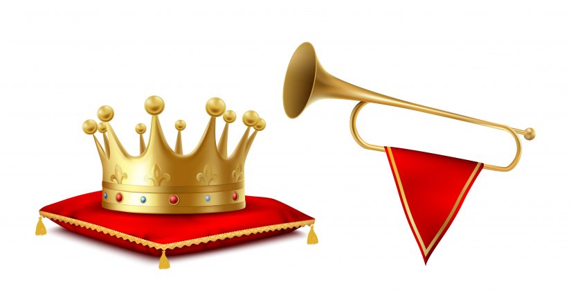 A gold crown on a red cushion, a bugle with a pennant